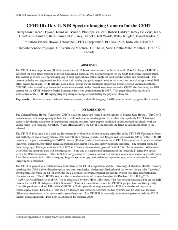 (PDF) CFHTIR: 1k x 1k NIR Spectro-Imaging Camera for the CFHT