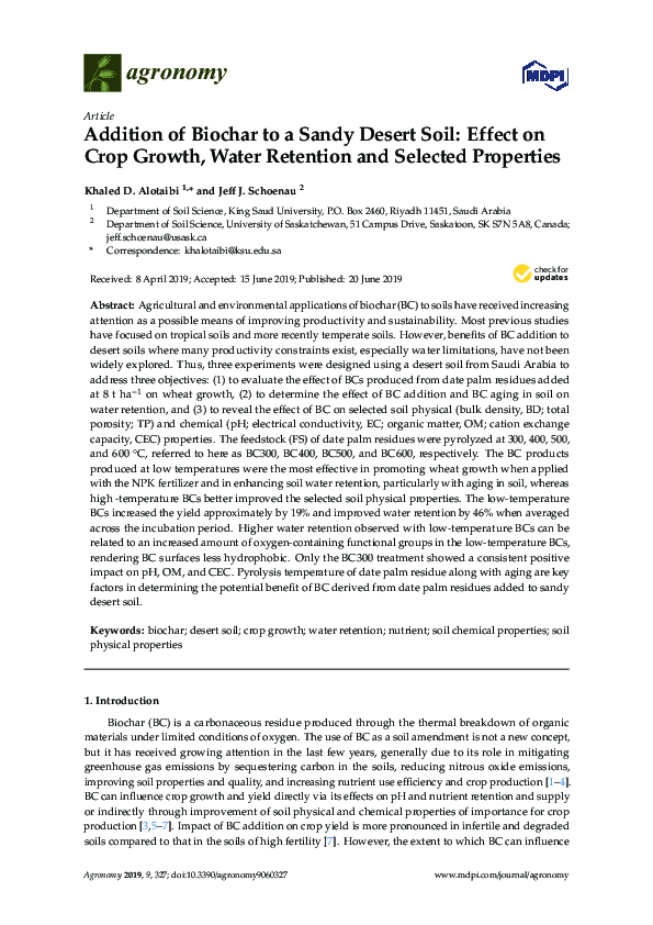 (PDF) Addition of Biochar to a Sandy Desert Soil: Effect on Crop Growth ...