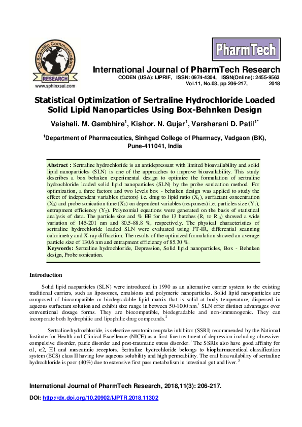 (PDF) Statistical Optimization of Sertraline Hydrochloride Loaded Solid ...