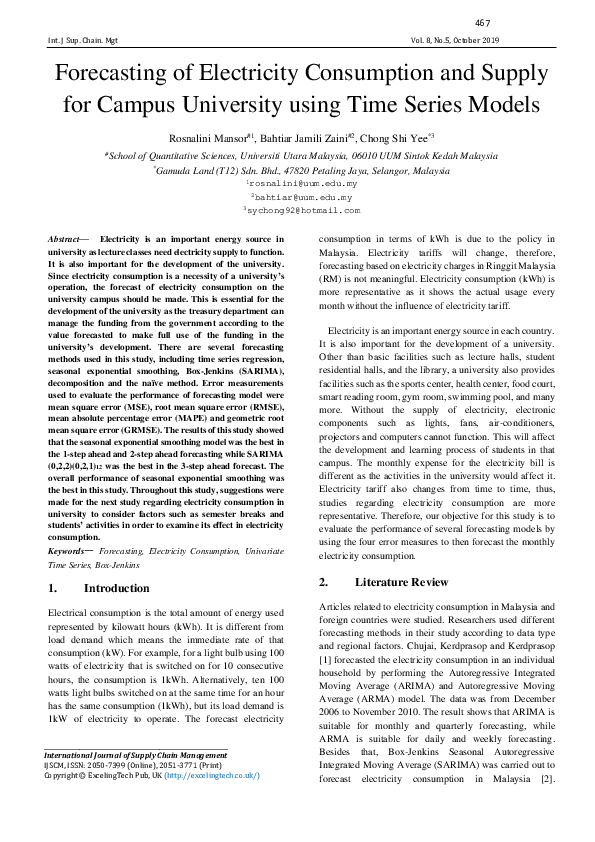 (PDF) Forecasting of Electricity Consumption and Supply for Campus ...