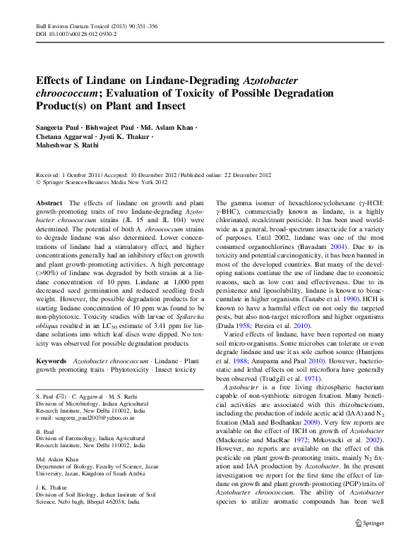 (PDF) Effects of Lindane on Lindane-Degrading Azotobacter chroococcum ...