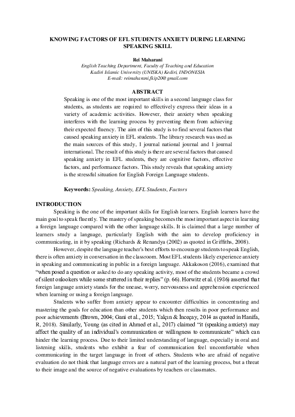 (PDF) KNOWING FACTORS OF EFL STUDENTS ANXIETY DURING LEARNING SPEAKING ...