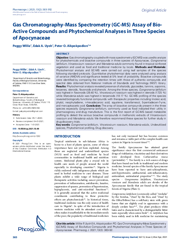 (PDF) Gas Chromatography-Mass Spectrometry (GC-MS) Assay of Bio- Active ...