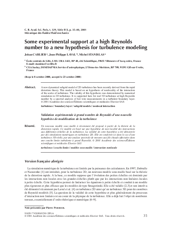(PDF) Some experimental support at a high Reynolds number to a new ...