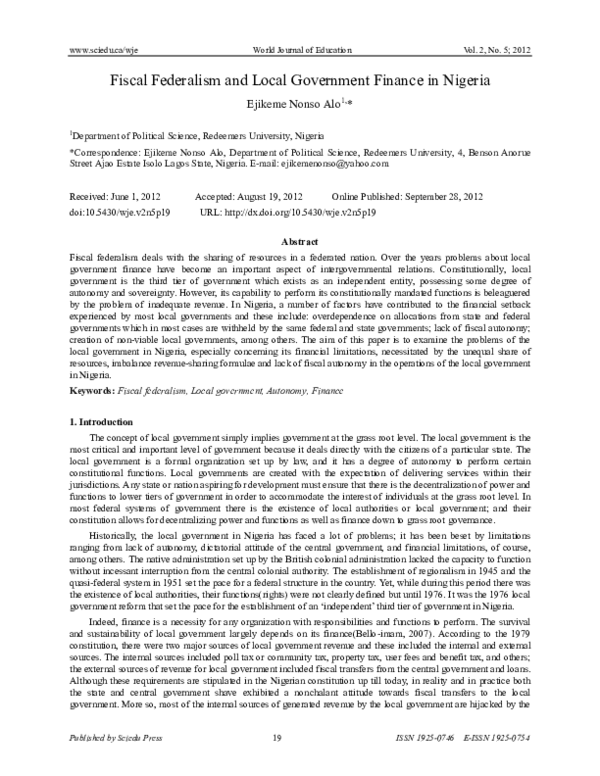 (PDF) Fiscal Federalism and Local Government Finance in Nigeria