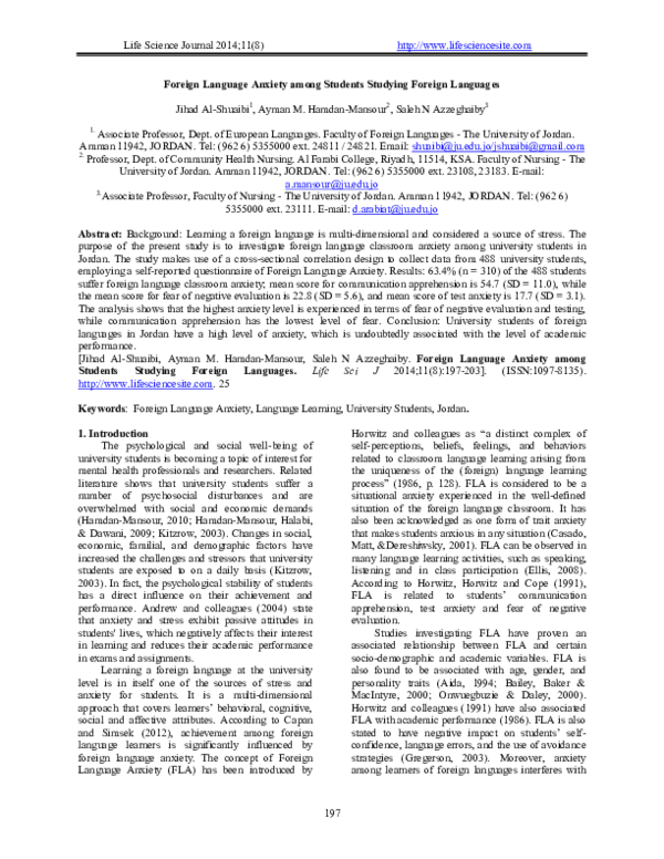 (PDF) Foreign Language Anxiety among Students Studying Foreign Languages