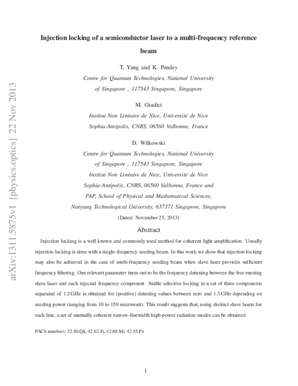 (PDF) Injection locking of a semiconductor laser to a multi-frequency ...