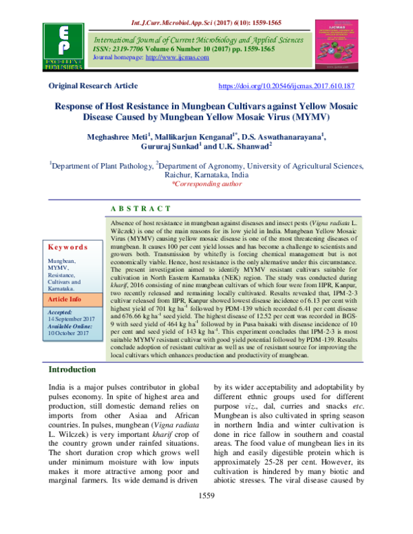 (PDF) Response of Host Resistance in Mungbean Cultivars against Yellow ...