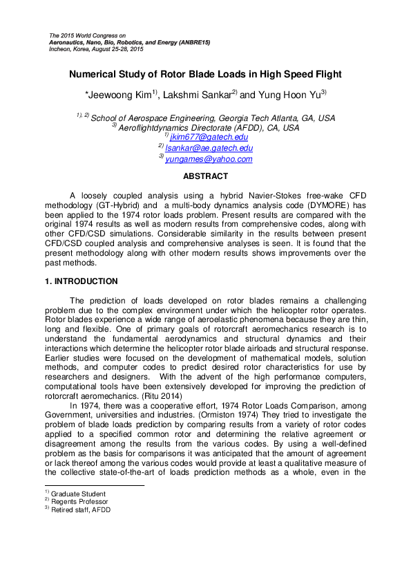 (PDF) Numerical Study of Rotor Blade Loads in High Speed Flight