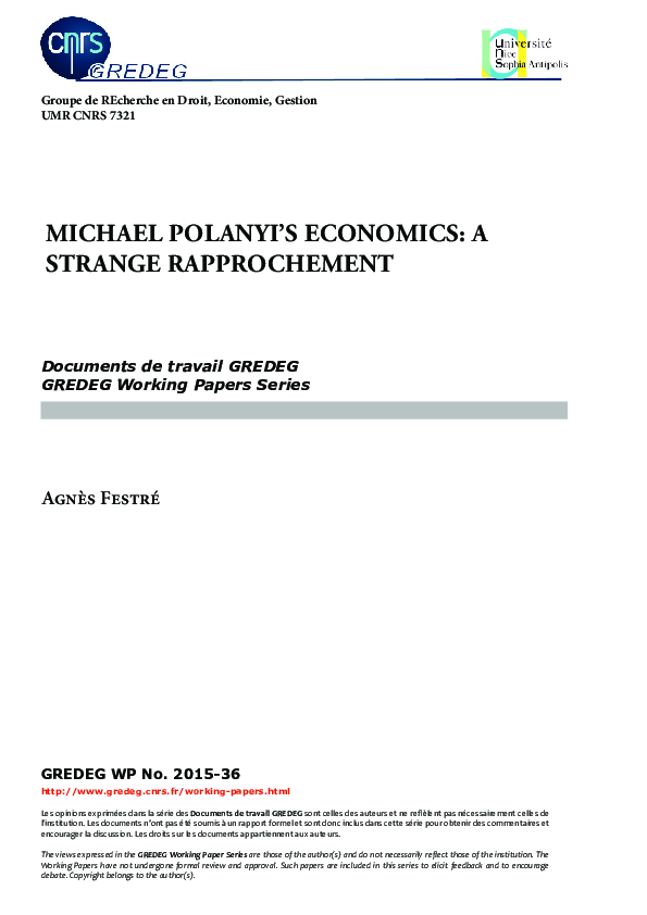 Michael Polanyi’s econoMics: a strange raPProcheMent Documents de travail GREDEG GREDEG Working Papers Series