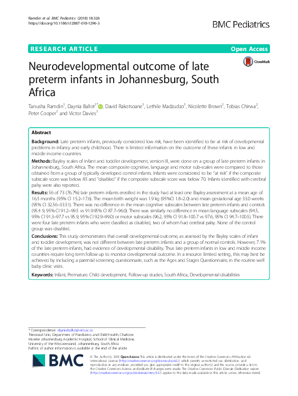 (PDF) Neurodevelopmental outcome of the late preterm infant