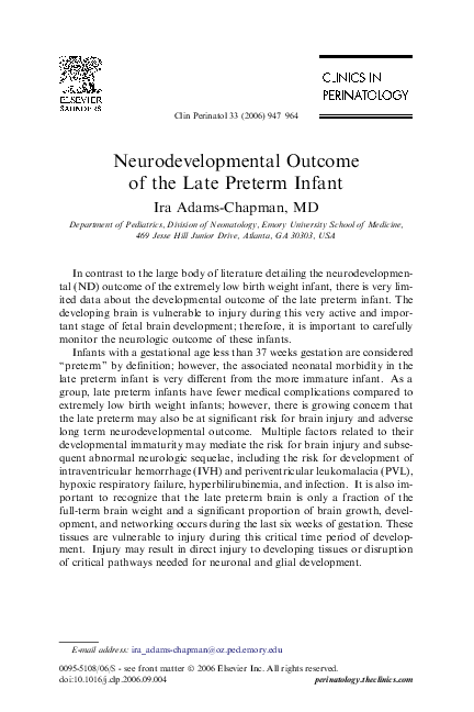 (PDF) Neurodevelopmental Outcome of the Late Preterm Infant