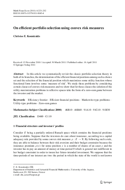 (PDF) On efficient portfolio selection using convex risk measures