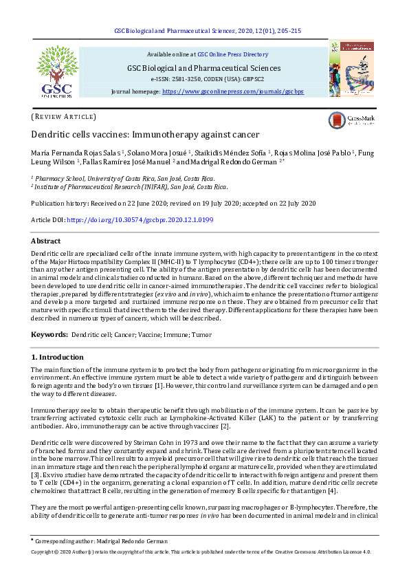 (PDF) Dendritic cells vaccines: Immunotherapy against cancer