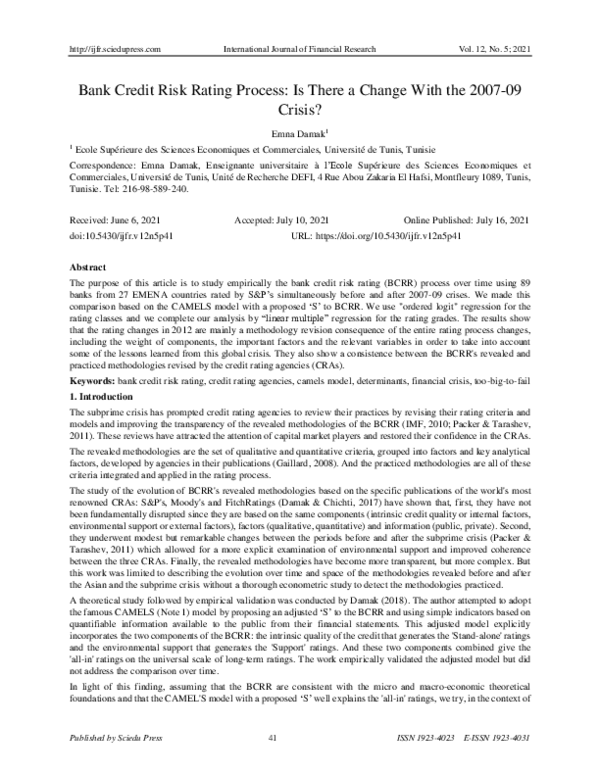 (PDF) Bank Credit Risk Rating Process: Is There a Change With the 2007 ...
