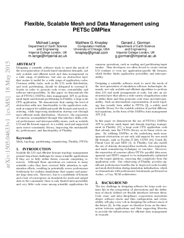 (PDF) Flexible, Scalable Mesh and Data Management using PETSc DMPlex