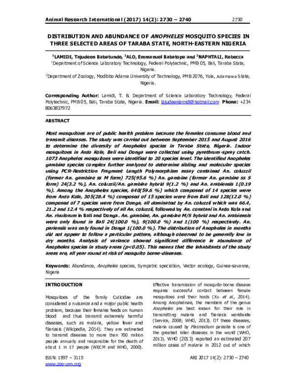 (PDF) Distribution and Abundance of Anopheles Mosquito Species in Three ...