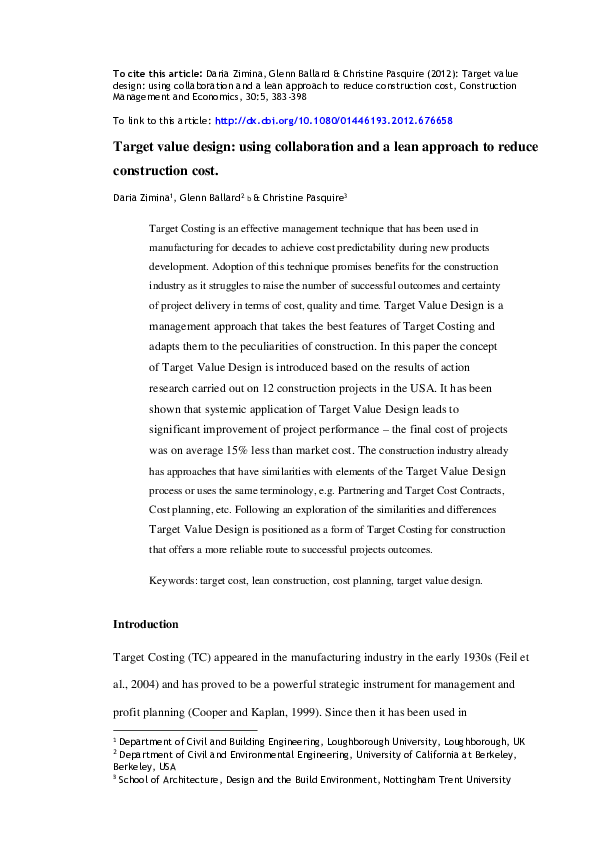 (PDF) Target value design using collaboration and a lean approach to