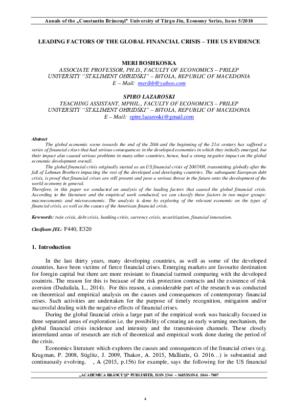 (PDF) Leading Factors Of The Global Financial Crisis – The Us Evidence