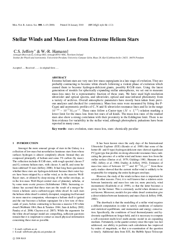 (PDF) Stellar winds and mass loss from extreme helium stars