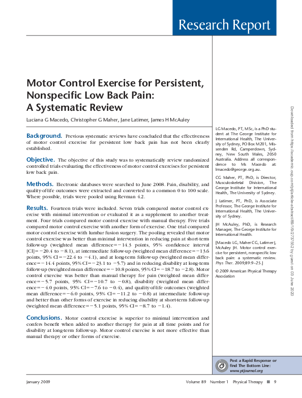 (PDF) Motor control exercise for persistent, nonspecific low back pain a systematic review