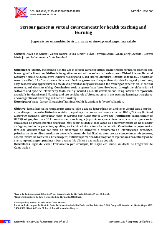 (PDF) Serious games in virtual environments for health teaching and ...