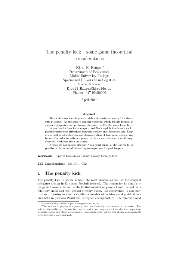 (PDF) The penalty kick - some game theoretical considerations