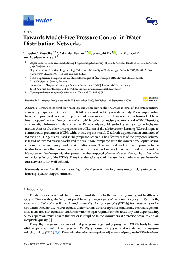 (PDF) Towards Model-Free Pressure Control in Water Distribution Networks