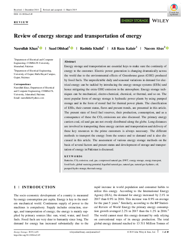 (PDF) Review of Energy Storage and Transportation of Energy