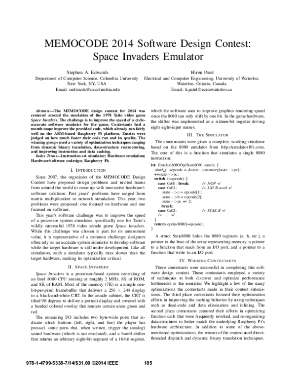 (PDF) MEMOCODE 2014 software design contest: Space Invaders emulator