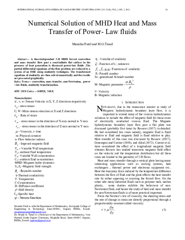(PDF) Numerical Solution of MHD Heat and Mass Transfer of Power-Law fluids