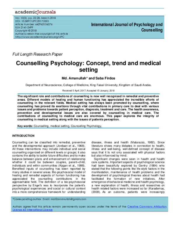 (PDF) Counselling Psychology: Concept, trend and medical setting