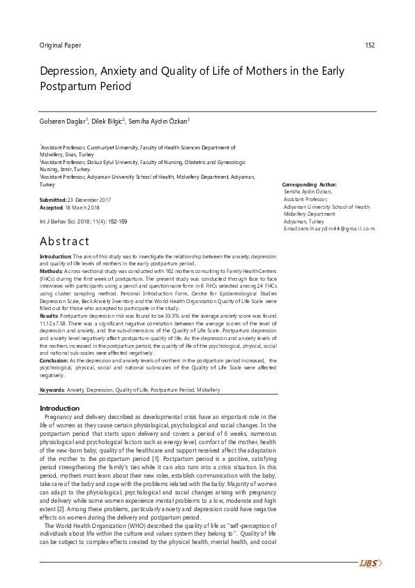(PDF) Depression, Anxiety and Quality of Life of Mothers in the Early ...