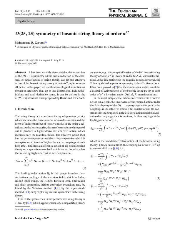 (PDF) O(25, 25) symmetry of bosonic string theory at order $$\alpha '^2$$