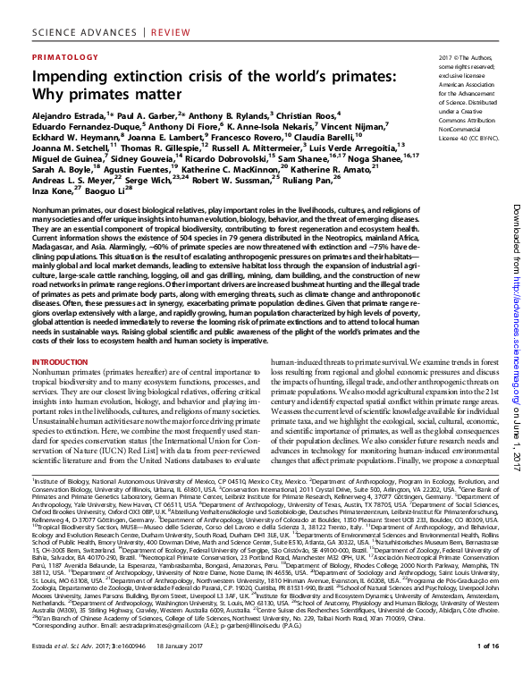(PDF) Impending extinction crisis of the world's primates: Why primates ...