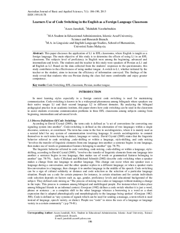 (PDF) Learners Use of Code Switching in the English as a Foreign ...