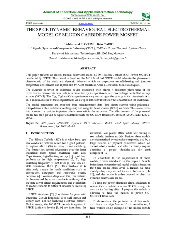 (PDF) The Spice Dynamic Behavioural Electrothermal Model of Silicon ...