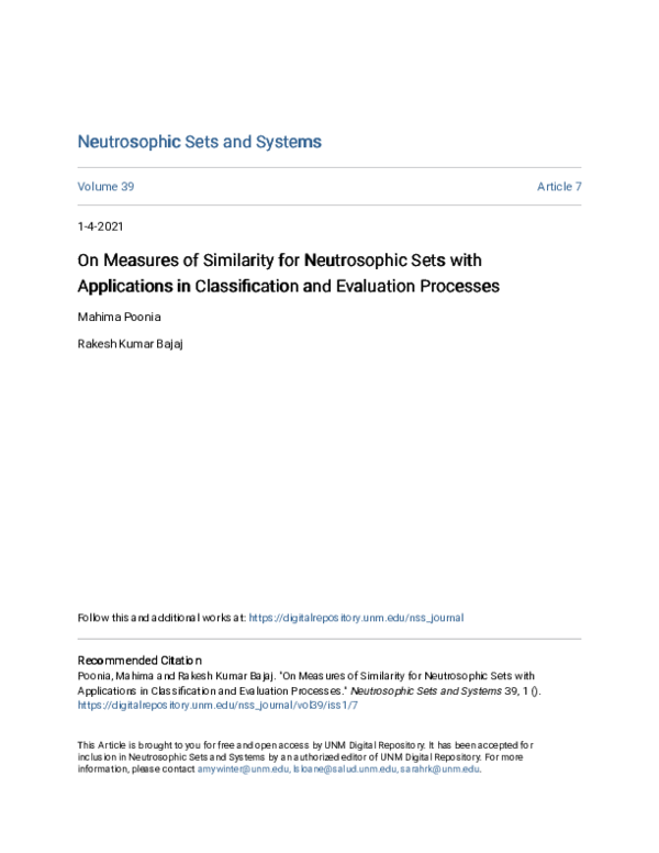 (PDF) On Measures of Similarity for Neutrosophic Sets with Applications ...