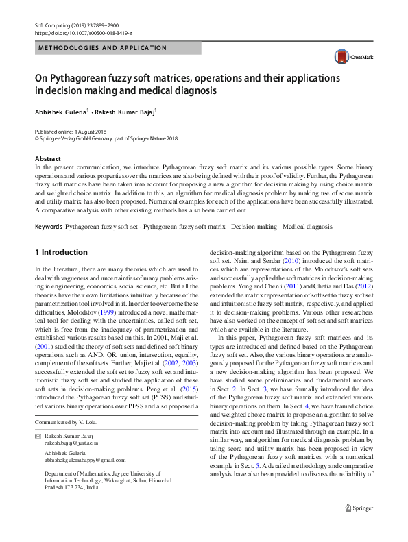 (PDF) On Pythagorean fuzzy soft matrices, operations and their ...