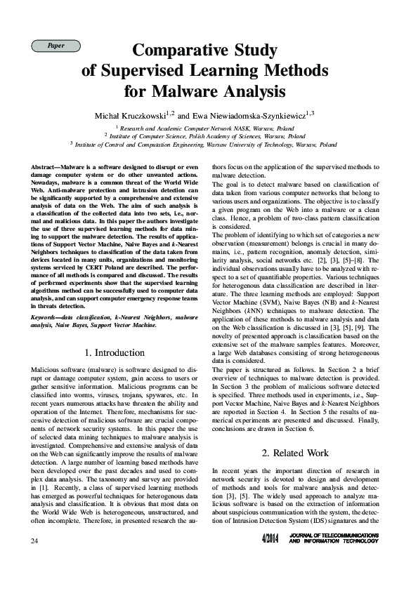 (PDF) Comparative study of supervised learning methods for malware analysis