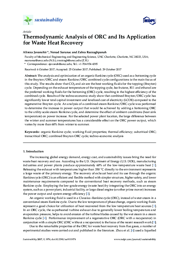 (PDF) Thermodynamic Analysis of ORC and Its Application for Waste Heat ...