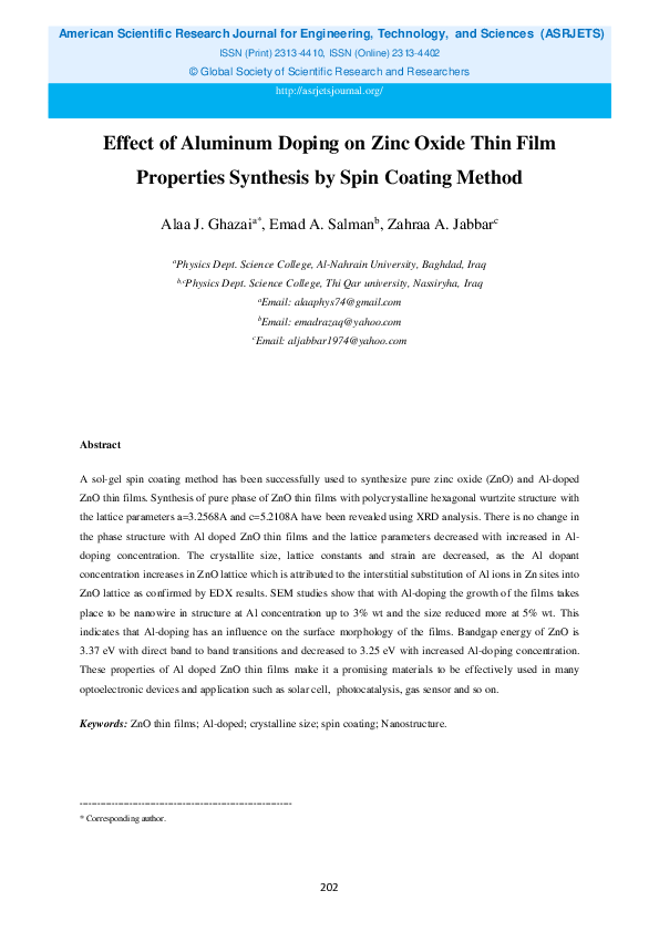 (PDF) Effect of Aluminum Doping on Zinc Oxide Thin Film Properties ...