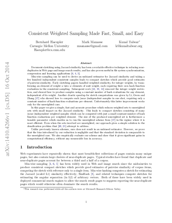 (PDF) Consistent Weighted Sampling Made Fast, Small, and Easy