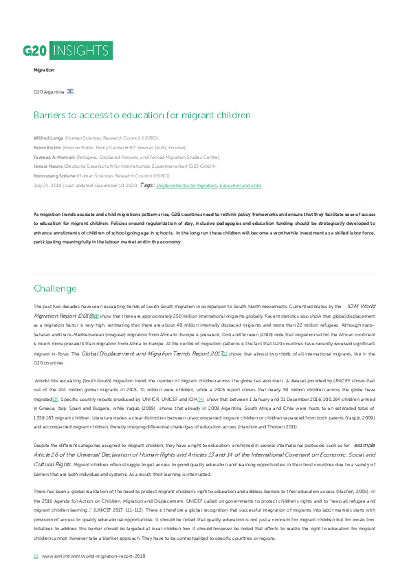(PDF) Barriers to access to education for migrant children