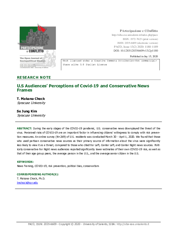 U.S Audiences' Perceptions of Covid-19 and Conservative News Frames