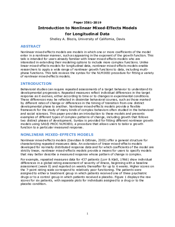 (PDF) Introduction to Nonlinear Mixed-Effects Models of Longitudinal Data