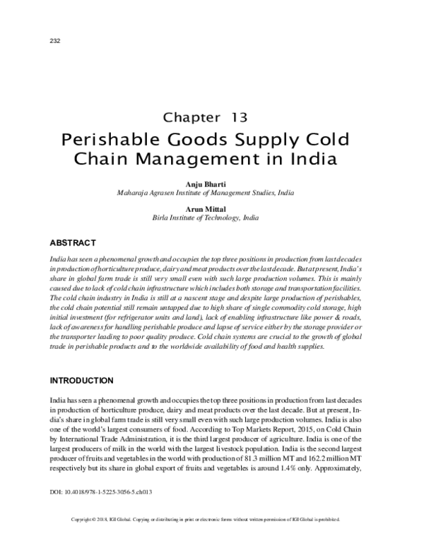 (PDF) Perishable Goods Supply Cold Chain Management in India