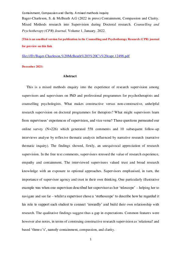 (PDF) Containment, Compassion and Clarity. Mixed Methods inquiry into ...
