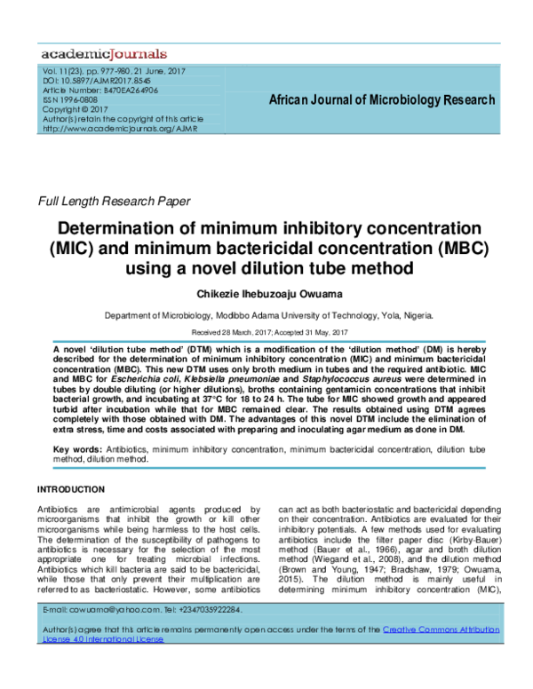 (PDF) Determination of minimum inhibitory concentration (MIC) and