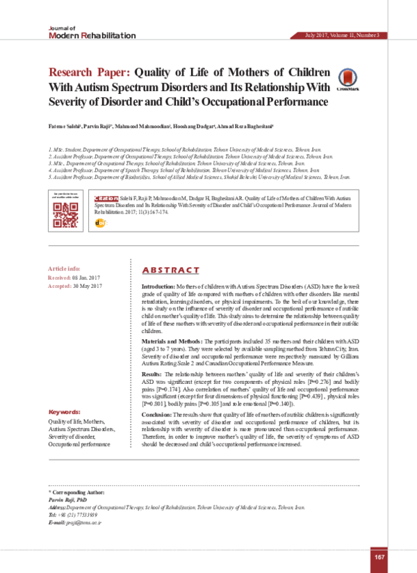 (PDF) Quality of Life of Mothers of Children With Autism Spectrum ...
